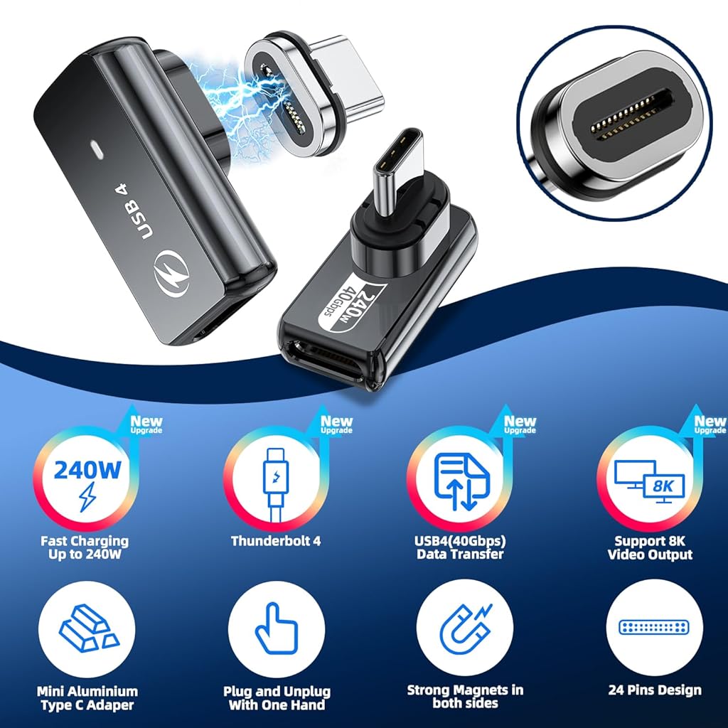 ZORBES® USB C 4.0 Adapter, Right Angle Magnetic USB C Adapter Supports PD 240W 40Gbps Adapter & 8K@60Hz Video Display PD24Pin Zinc Alloy USB C Adapter for Thunderboard 4/3 MacBook Pro/Air ZORBES® USB C 4.0 Adapter, Right Angle Magnetic USB C Adapter Supports PD 240W 40Gbps Adapter & 8K@60Hz Video Display PD24Pin Zinc Alloy USB C Adapter for Thunderboard 4/3 MacBook Pro/Air